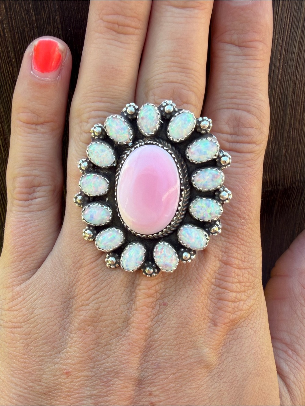 Navajo Handmade Pink Conch and Natural Opal Cluster Statement Ring - Signed